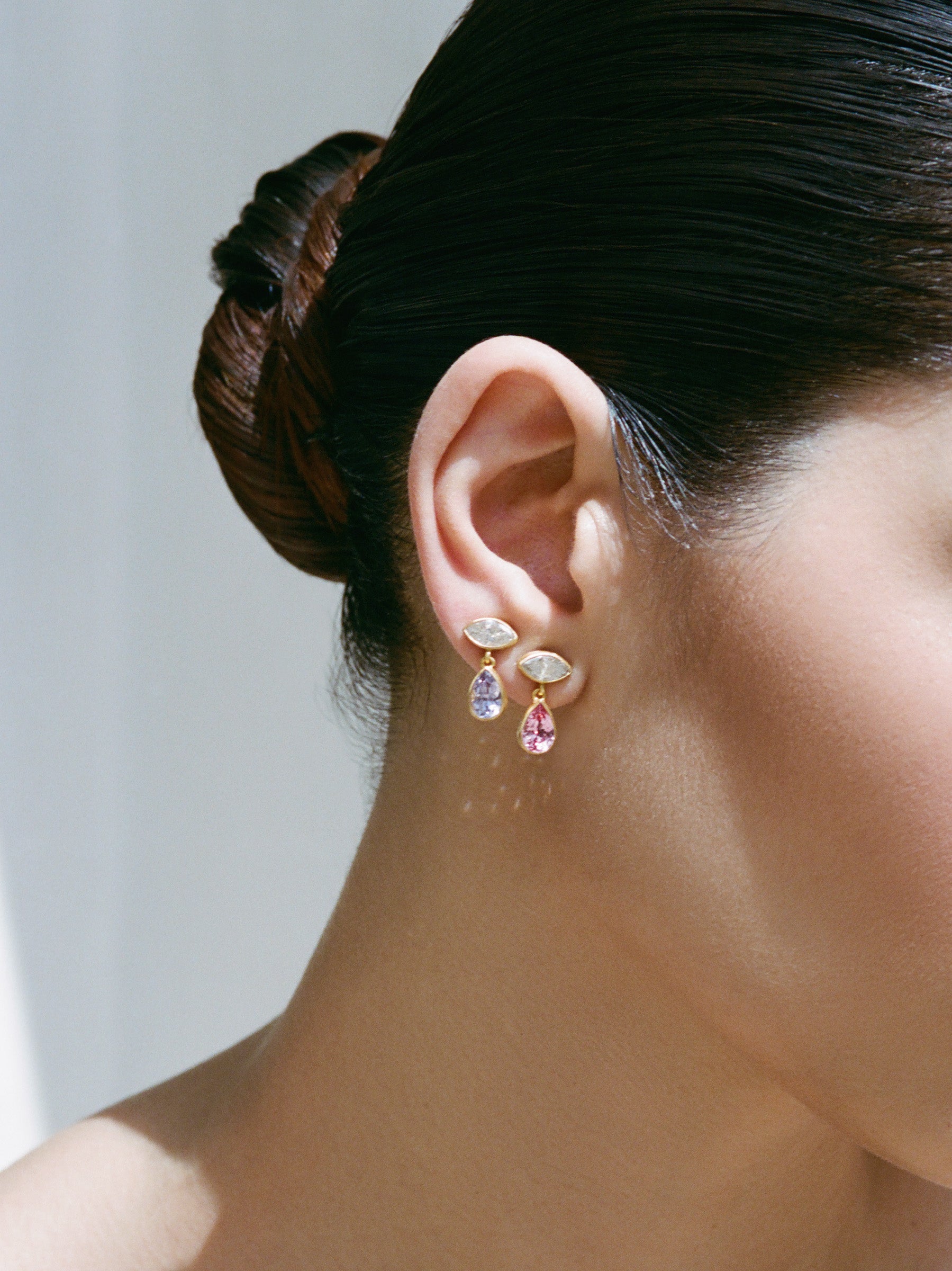 Grey Diamond and Spinel Gemini Earrings