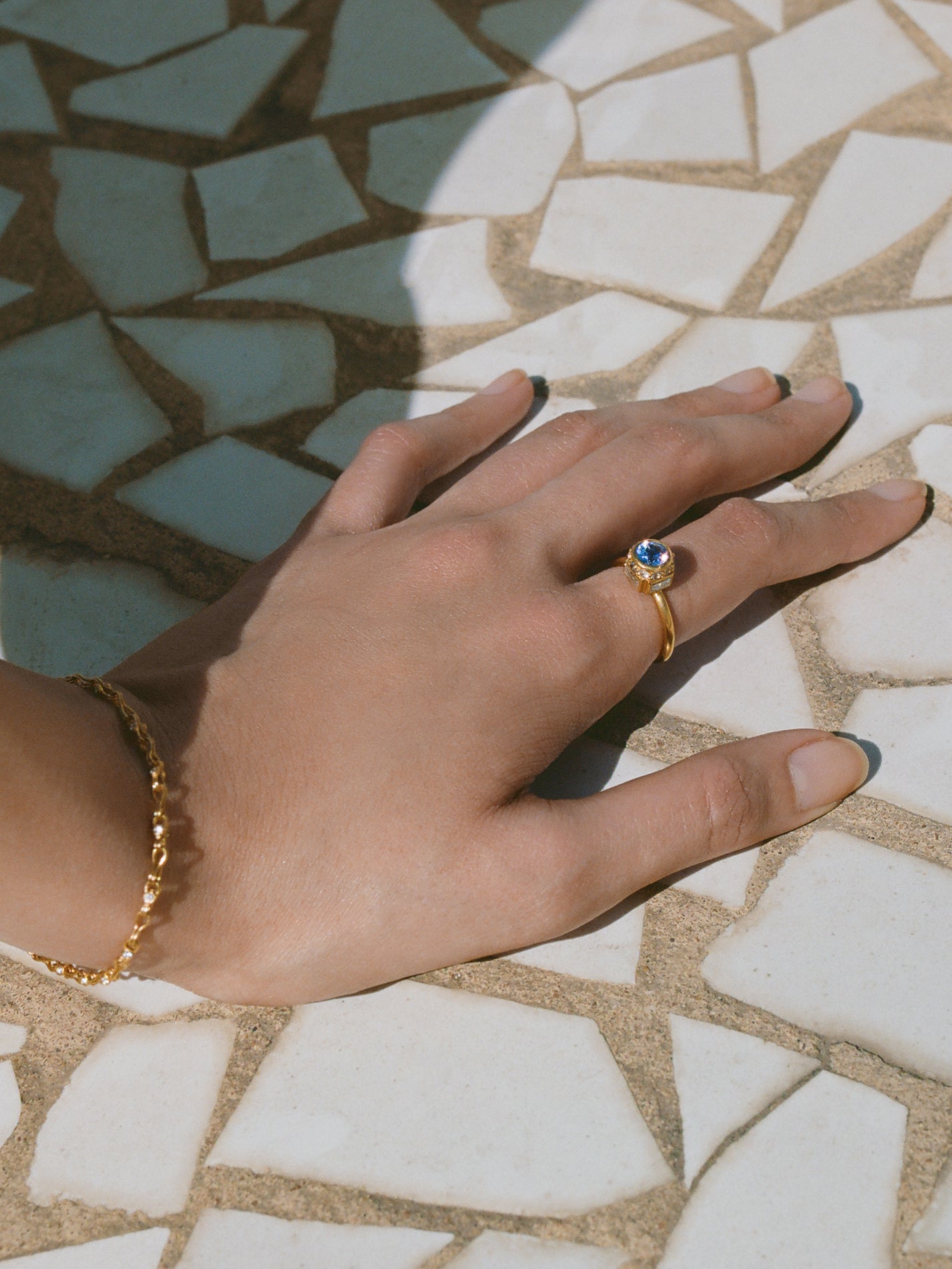 Blue Sapphire, Spinel and Diamond High Bezel Ring