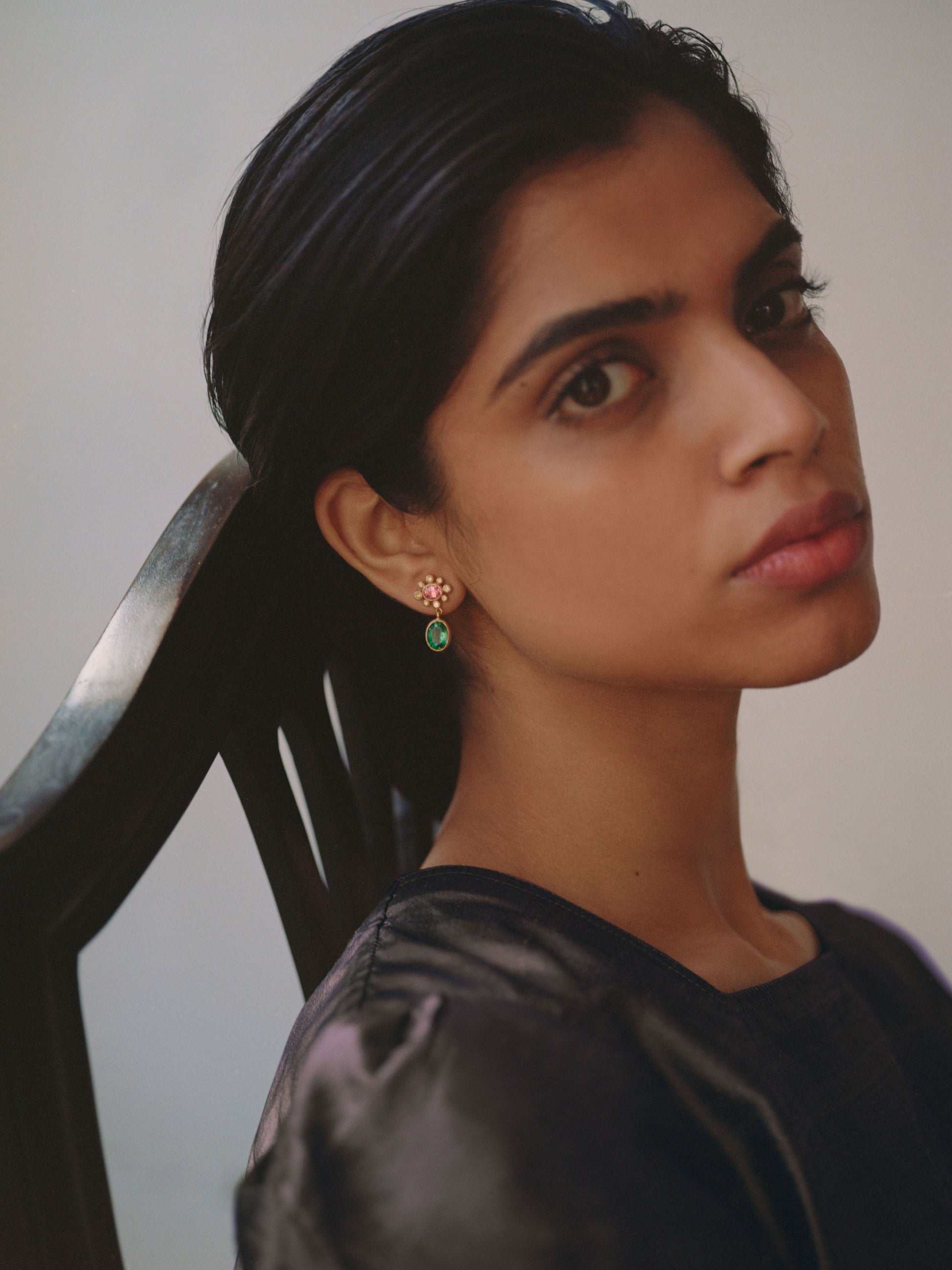 Pink Spinel, Yellow Diamond and Emerald Rani Earrings