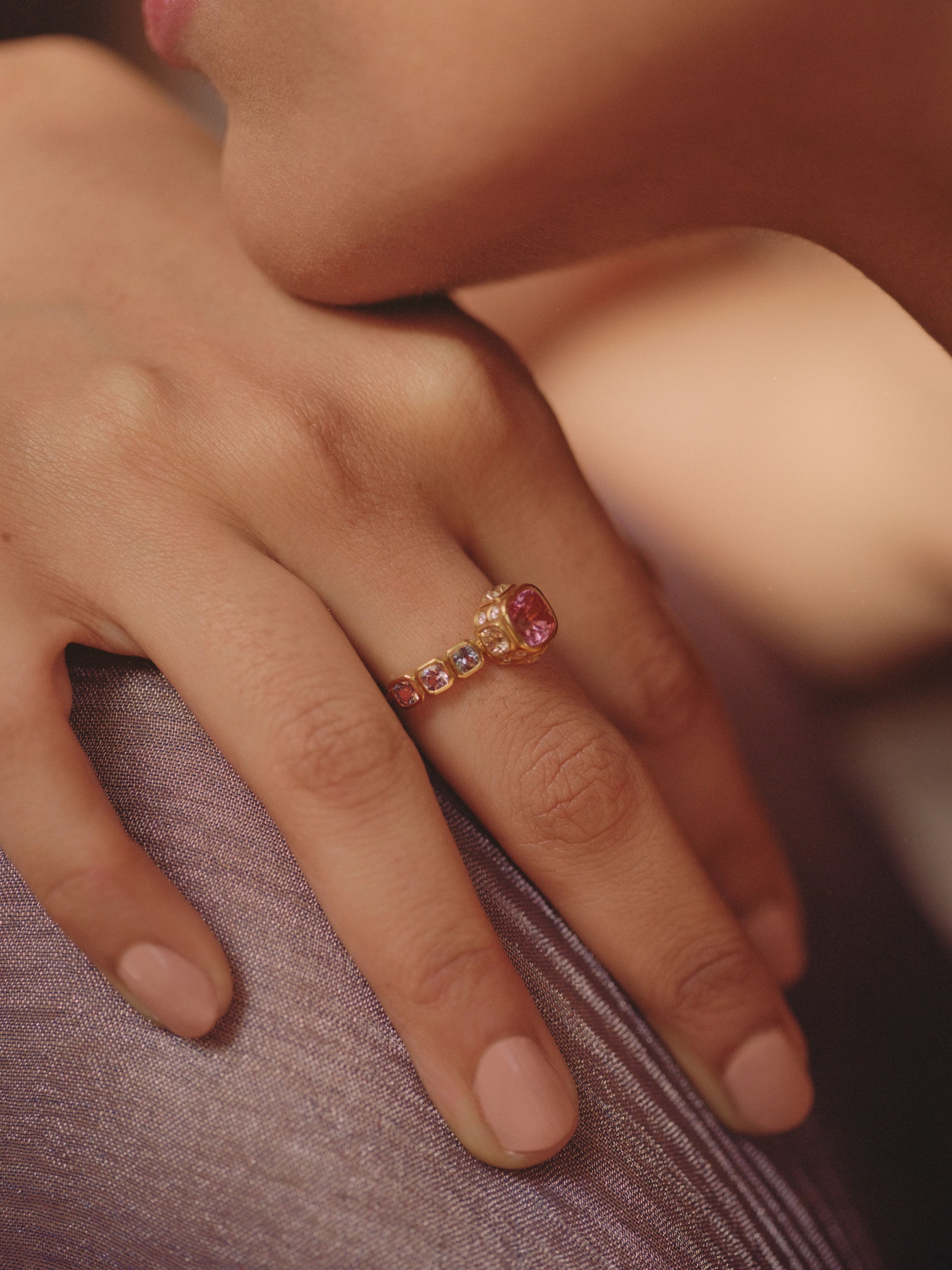 Spinel and Yellow Diamond High Bezel Ring