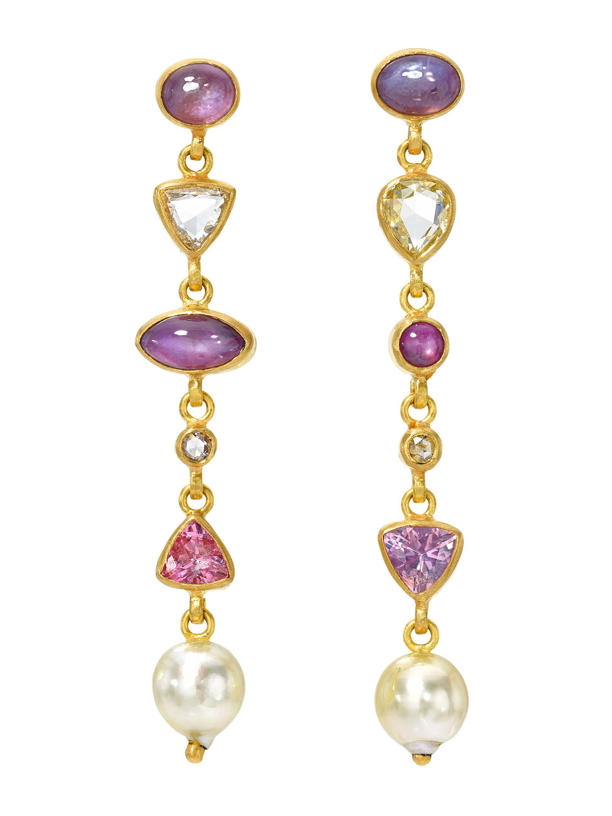 Star Sapphire, Rose Cut Diamond, and Spinel Cascade Earrings