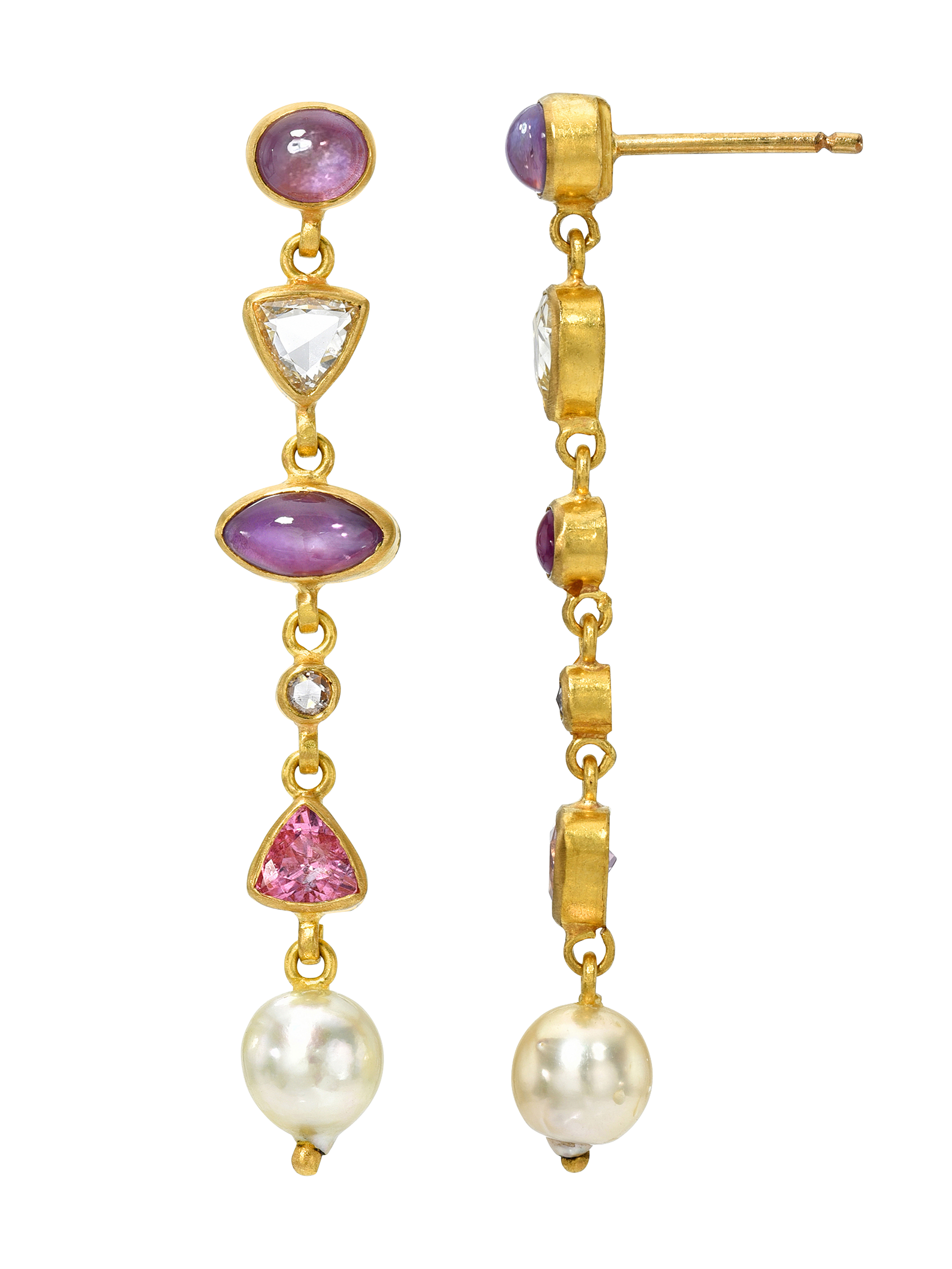Star Sapphire, Rose Cut Diamond, and Spinel Cascade Earrings