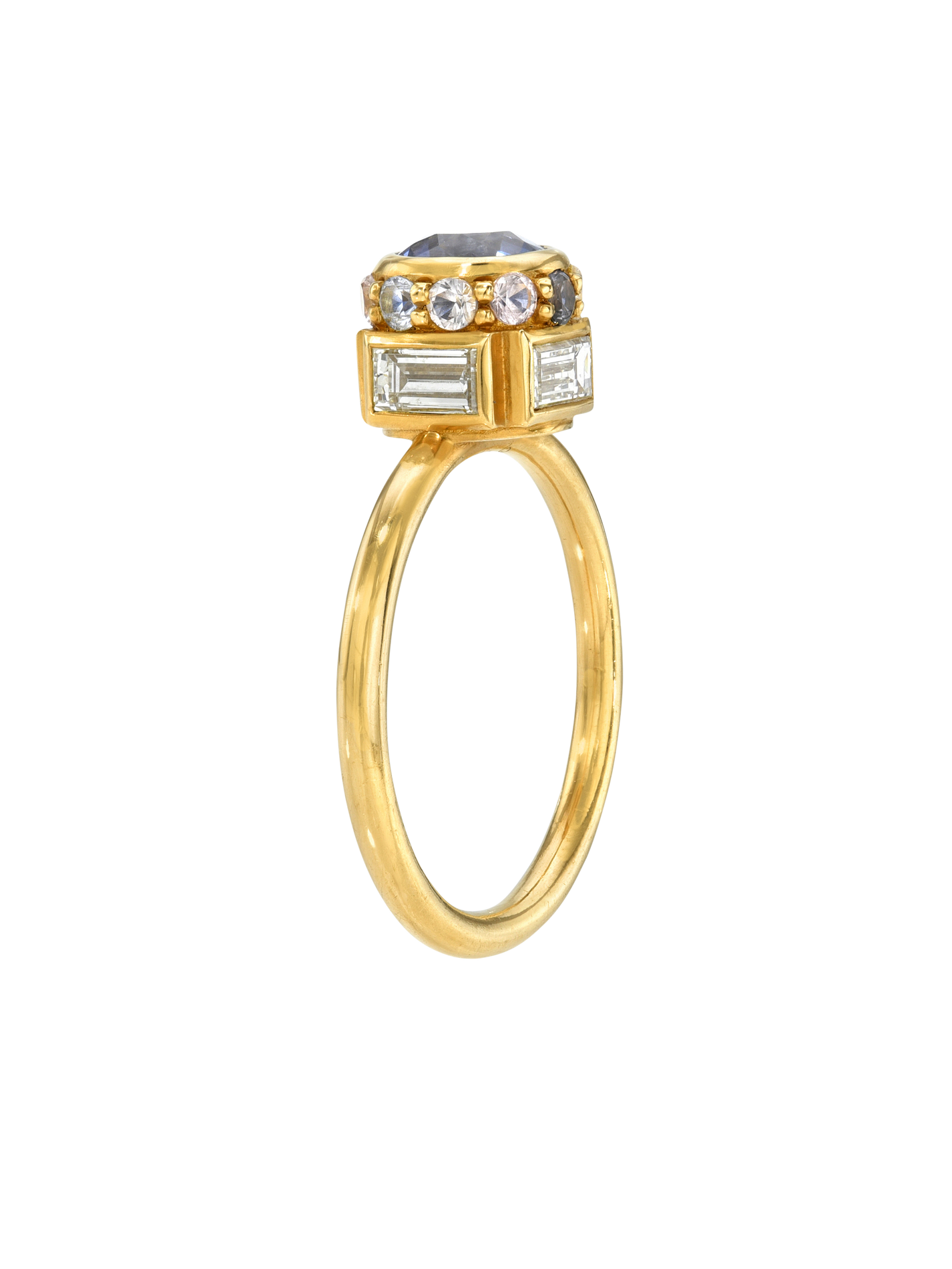 Blue Sapphire, Spinel and Diamond High Bezel Ring