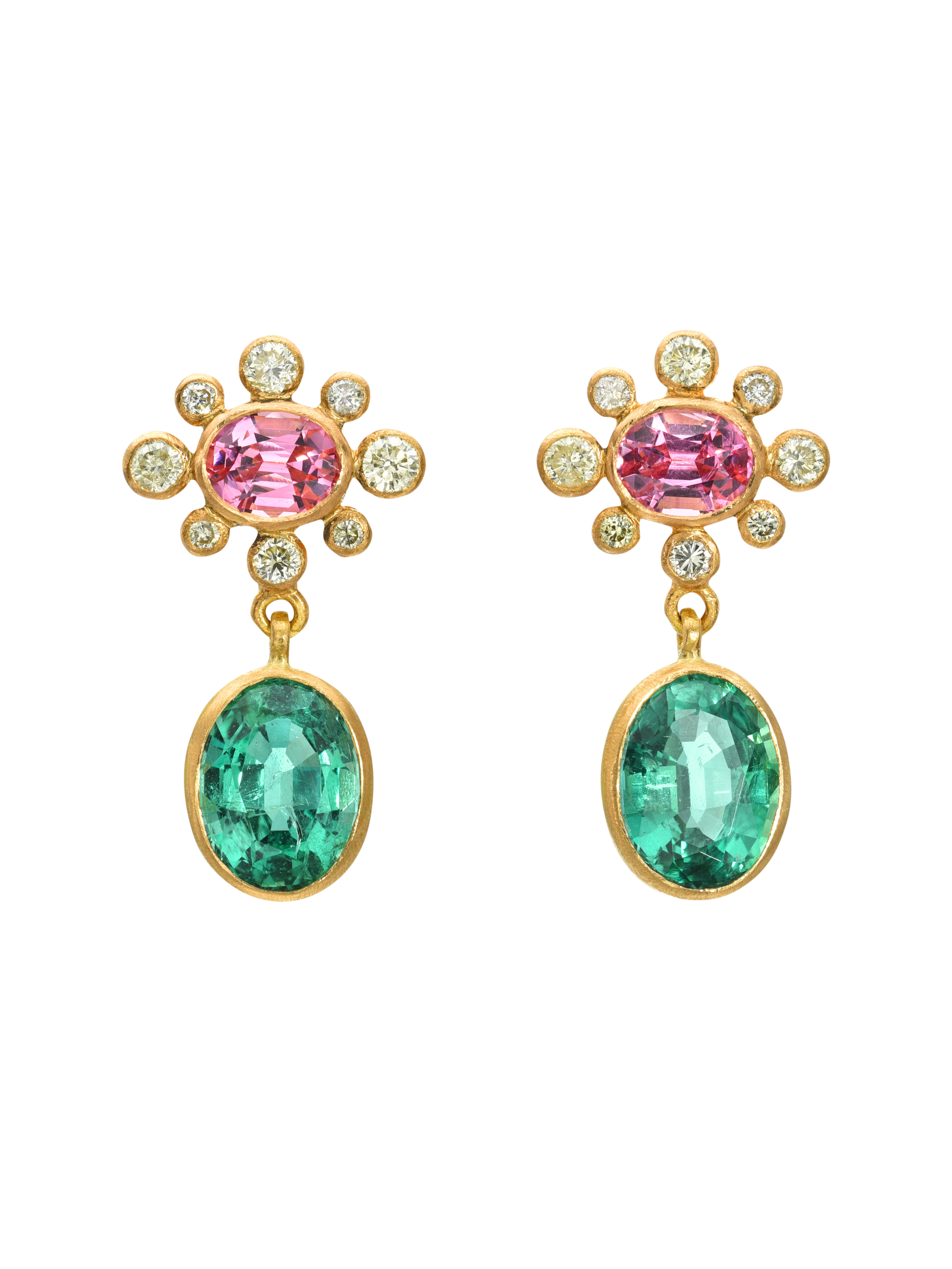 Pink Spinel, Yellow Diamond and Emerald Rani Earrings