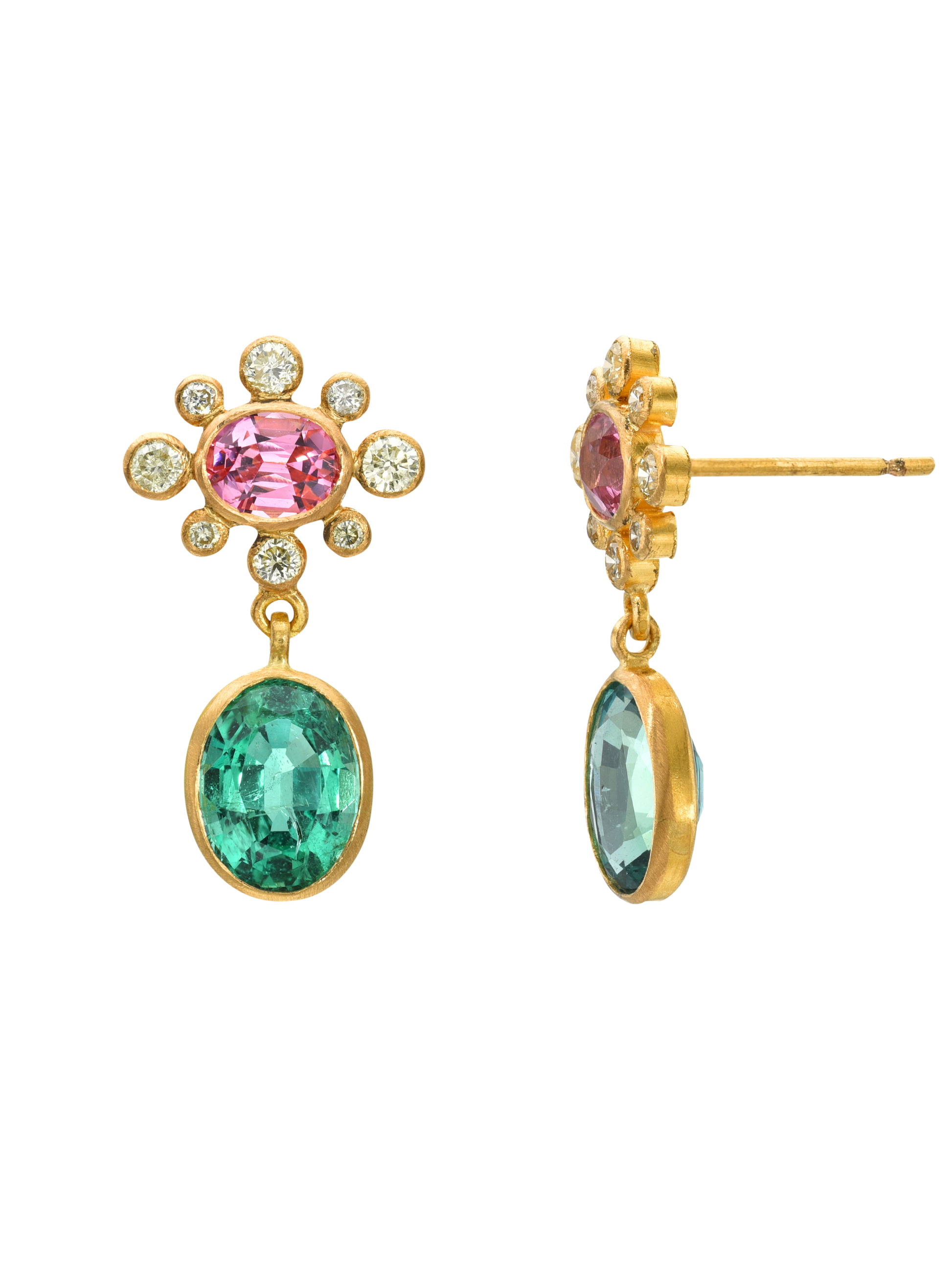 Pink Spinel, Yellow Diamond and Emerald Rani Earrings