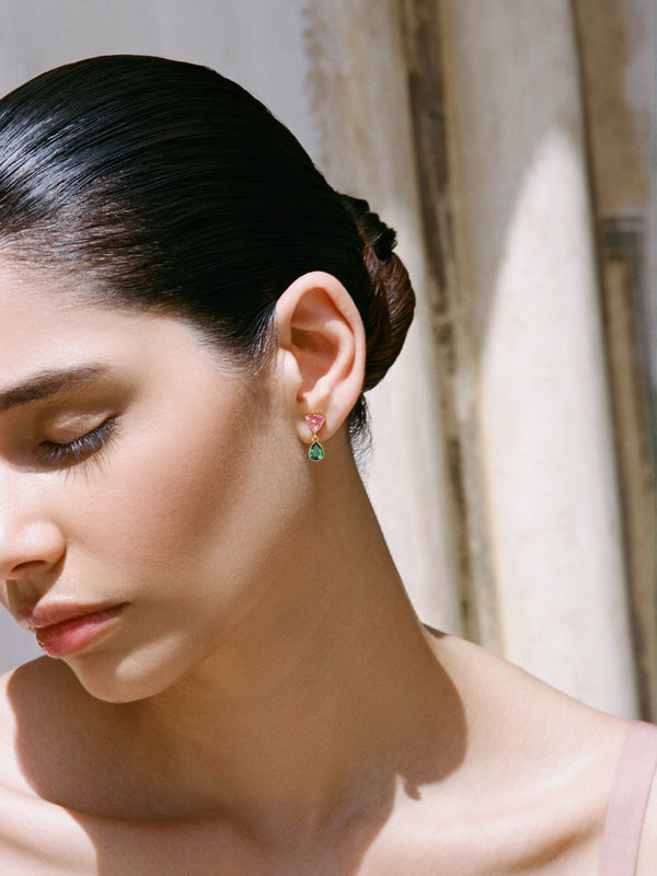 pink sapphire and emerald gemini earrings