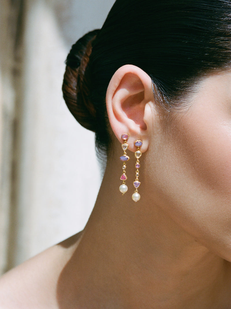 star sapphire, rose cut diamond, and spinel cascade earrings