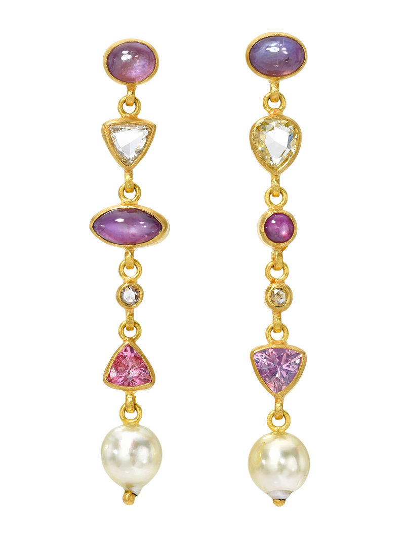 star sapphire, rose cut diamond, and spinel cascade earrings