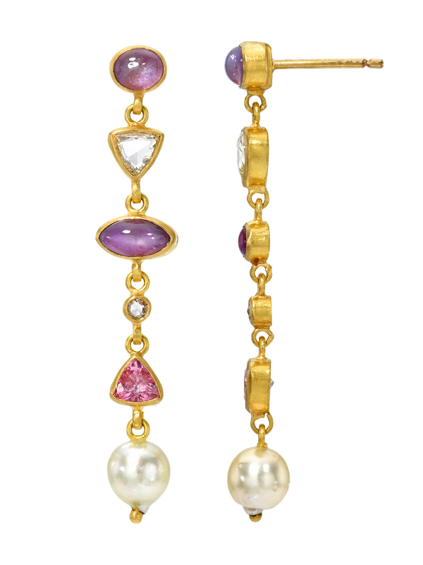 star sapphire, rose cut diamond, and spinel cascade earrings