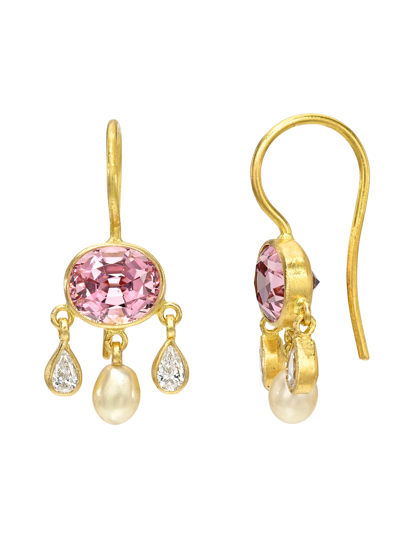 Pink Spinel, Diamond and South Sea Keshi Pearl Girandole Earrings