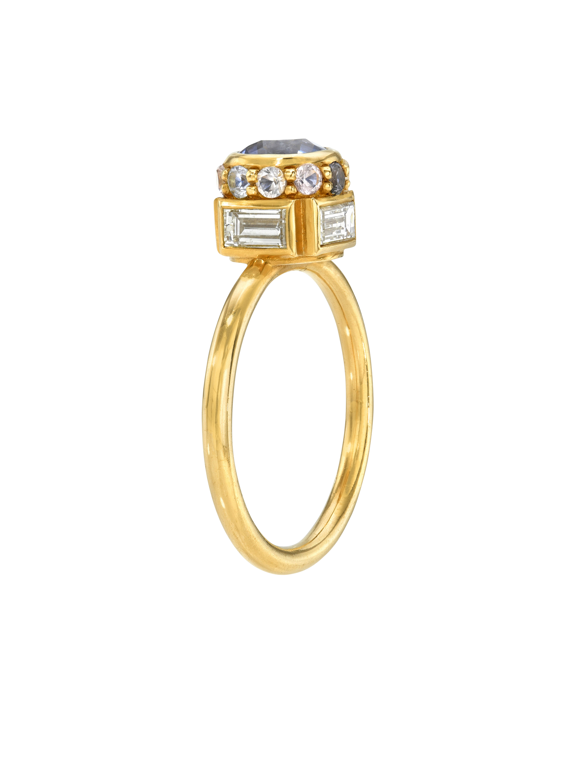 Blue Sapphire, Spinel and Diamond High Bezel Ring