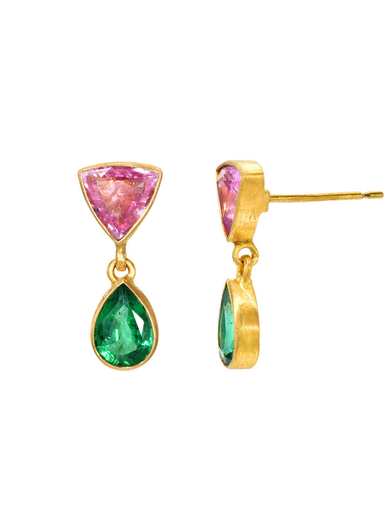 pink sapphire and emerald gemini earrings