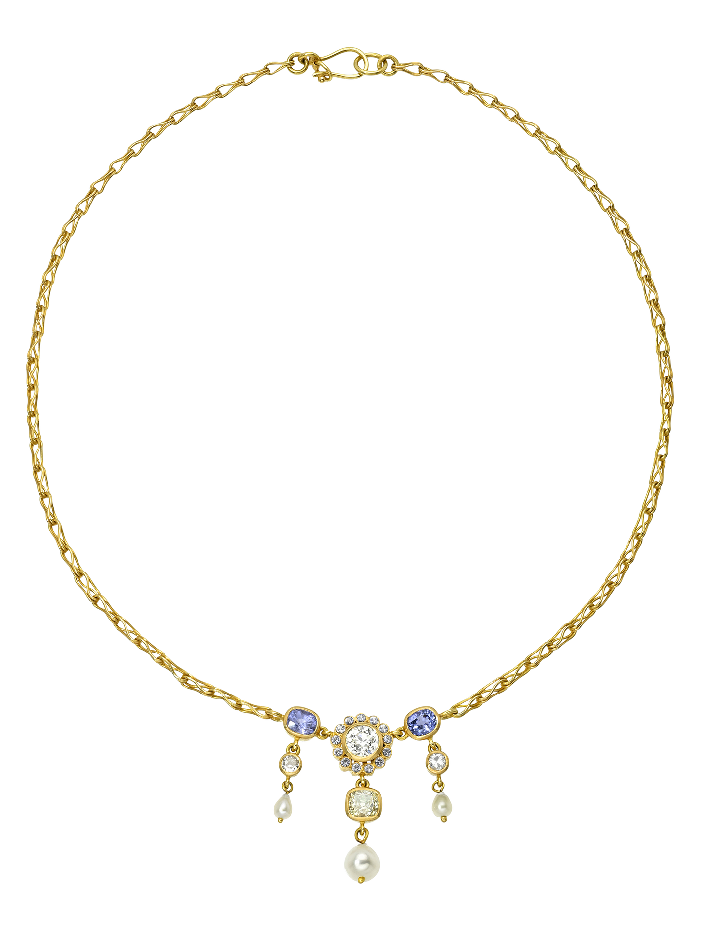 Antique Diamond, Blue Spinel and Akoya Pearl Necklace