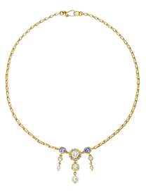 Antique Diamond, Blue Spinel and Akoya Pearl Necklace