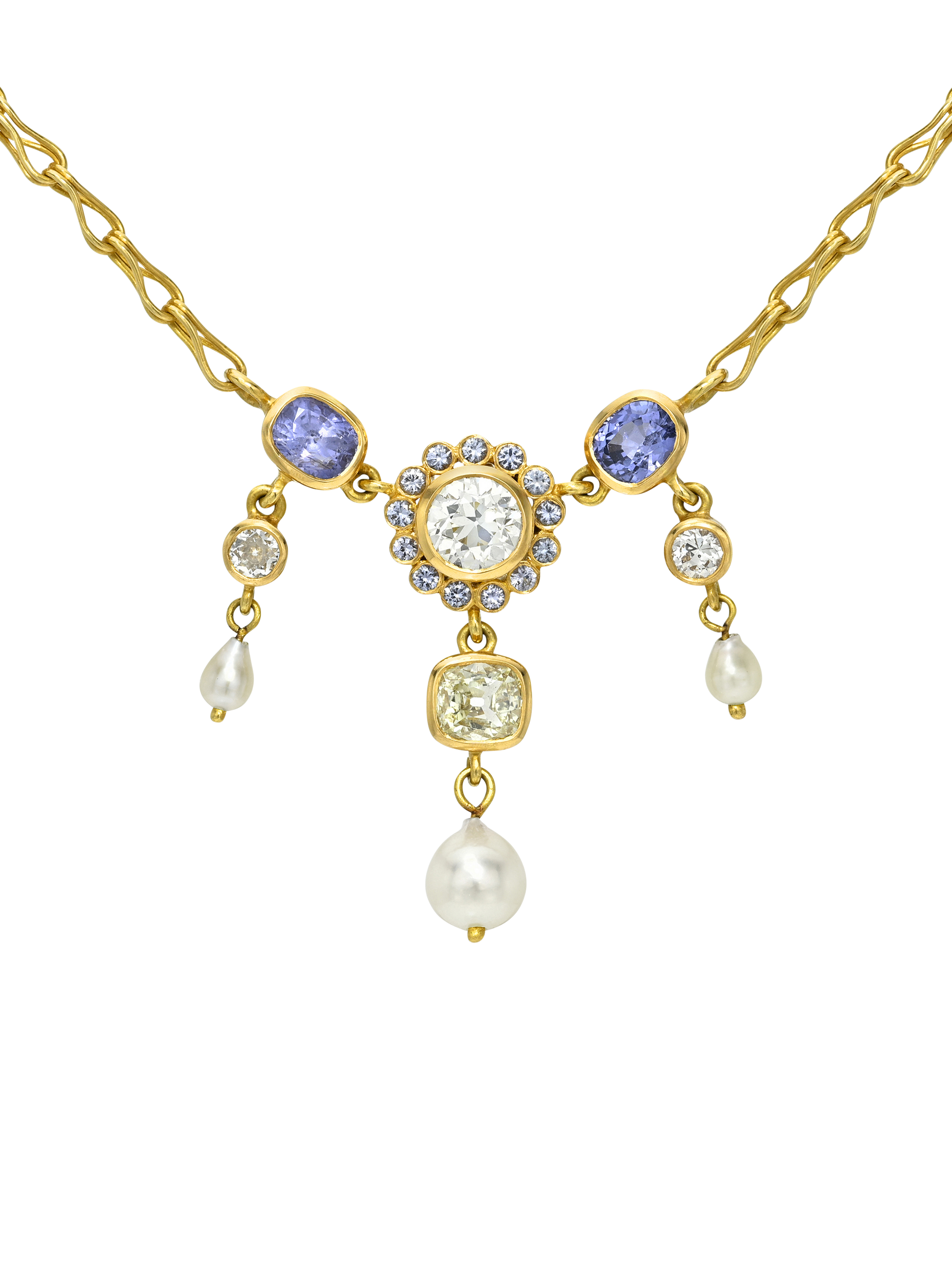 Antique Diamond, Blue Spinel and Akoya Pearl Necklace