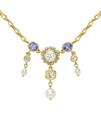 Antique Diamond, Blue Spinel and Akoya Pearl Necklace