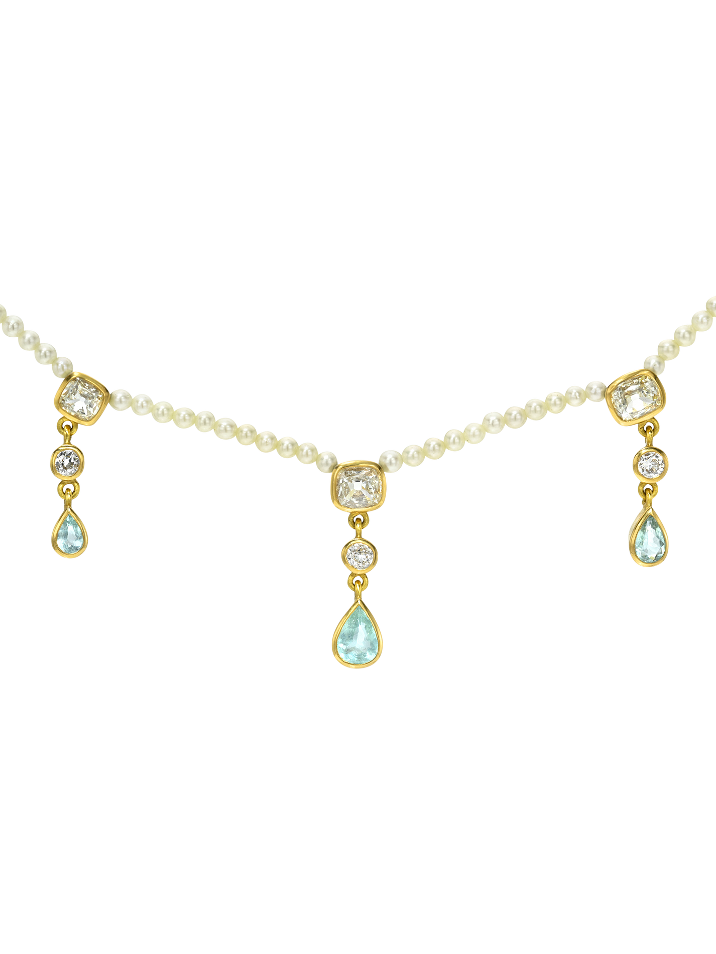 Golden Akoya Pearl Collar with Paraiba Tourmaline and Antique Diamonds