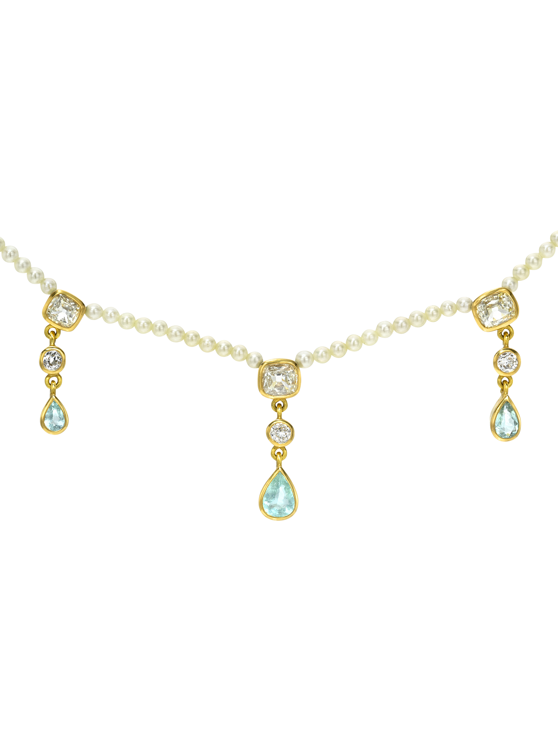 Golden Akoya Pearl Collar with Paraiba Tourmaline and Antique Diamonds