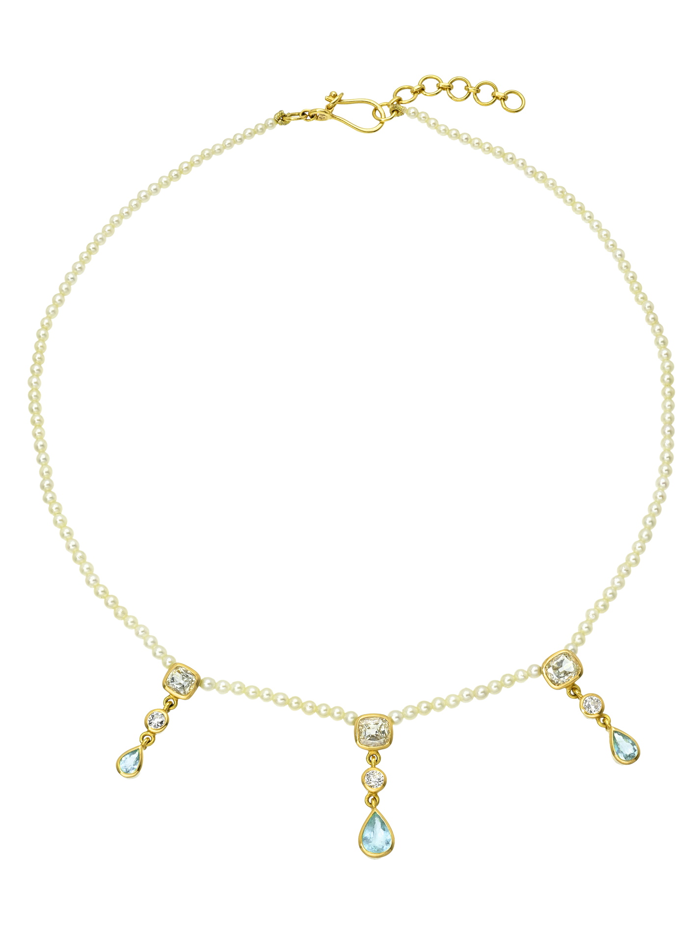 Golden Akoya Pearl Collar with Paraiba Tourmaline and Antique Diamonds