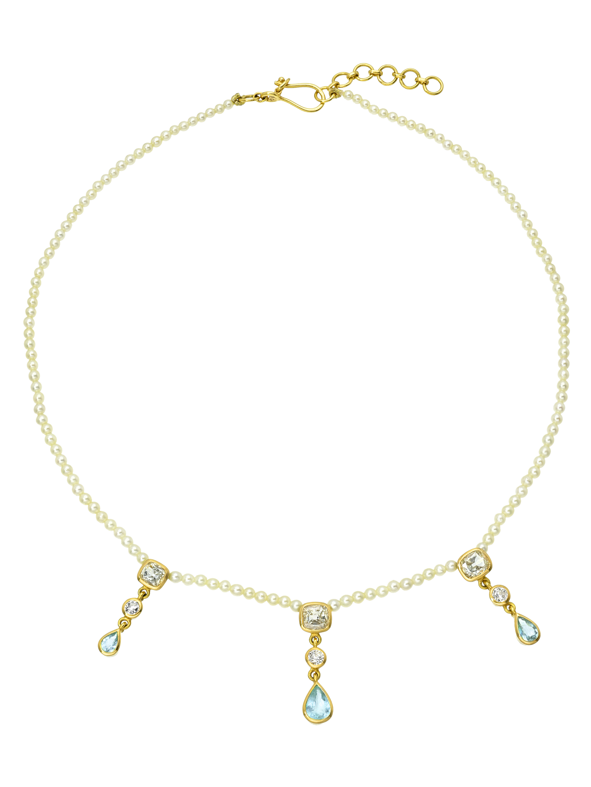 Golden Akoya Pearl Collar with Paraiba Tourmaline and Antique Diamonds