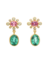 Pink Spinel, Yellow Diamond and Emerald Rani Earrings