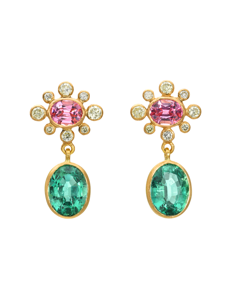 pink spinel, yellow diamond and emerald rani earrings