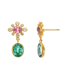 Pink Spinel, Yellow Diamond and Emerald Rani Earrings