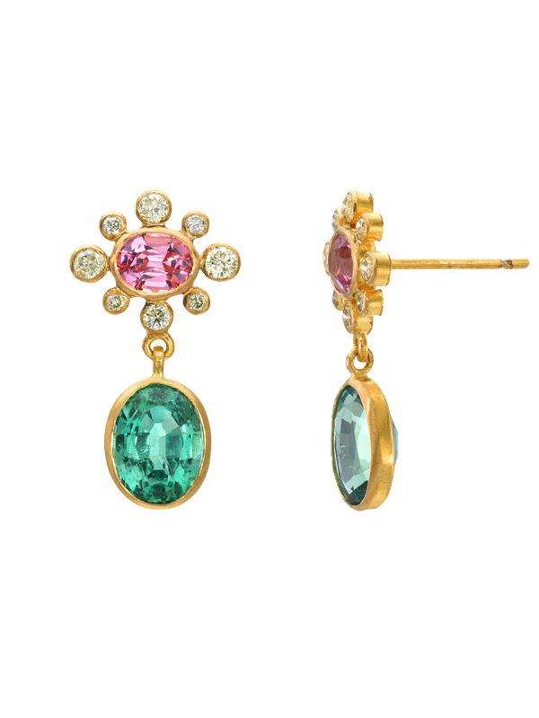 pink spinel, yellow diamond and emerald rani earrings