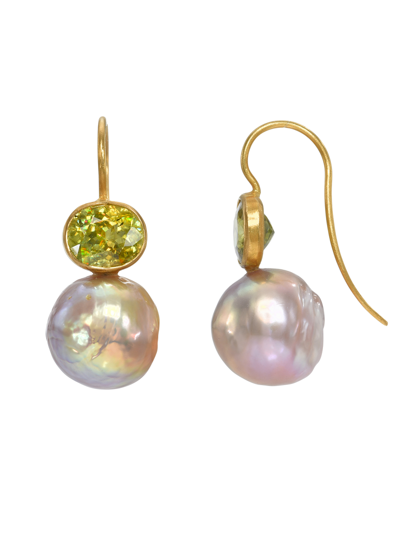 sphene and pearl cerise earrings